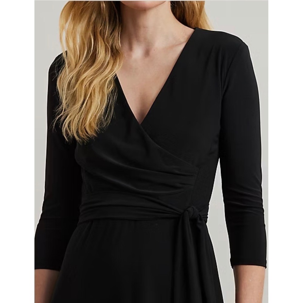 Lauren Ralph Lauren Womens‎ 6 Black Surplice Jersey Midi Dress 3/4 Sleeve New